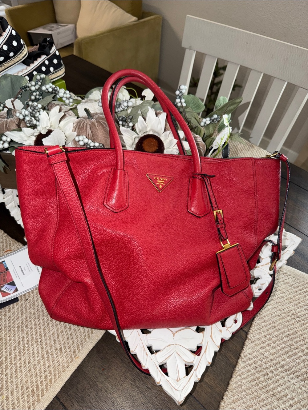 Prada Red Leather Tote with Gold-Tone Logo